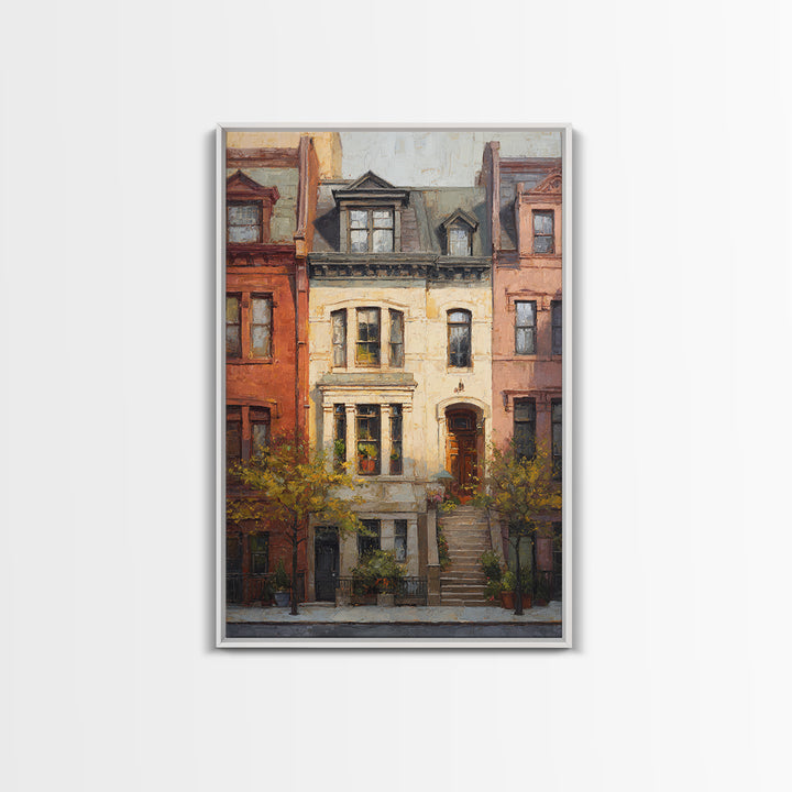 Brownstone Row in Soft Morning Light Framed Canvas Print, Urban Art, Gallery Decor, Living Room Decor, Abstract Art, Urban, URB-2x3-92