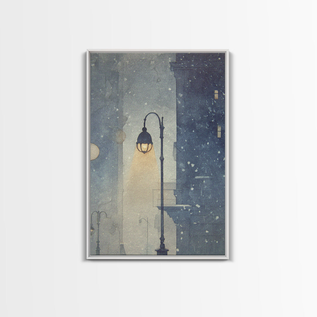 Streetlamp and Falling Snow Framed Canvas Print, Urban Art, Textured Wall Art, Living Room Decor, Urban, Digital Download Art, URB-2x3-93
