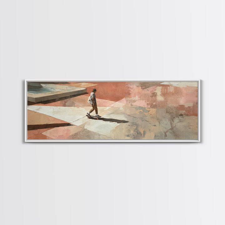 Skateboarder Crossing a Concrete Plaza Framed Canvas Print, Urban Art, Boho Decor, Living Room Decor, Fine Art, Urban, URB-3x1-23