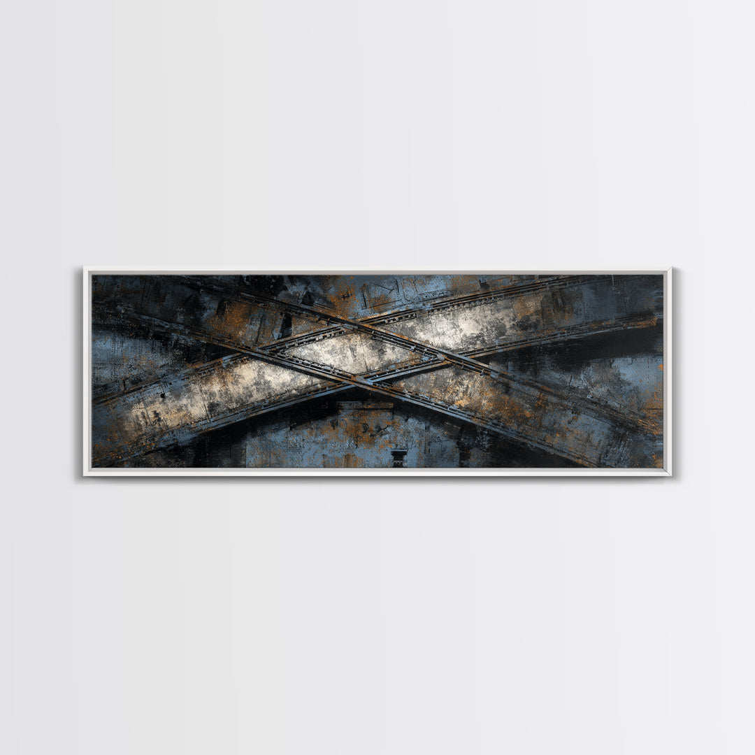 Industrial Rail Tracks Leading into City Canvas Print, Urban Art, Art Deco, Living Room Decor, Urban, Book Shelf Decor, URB-3x1-38