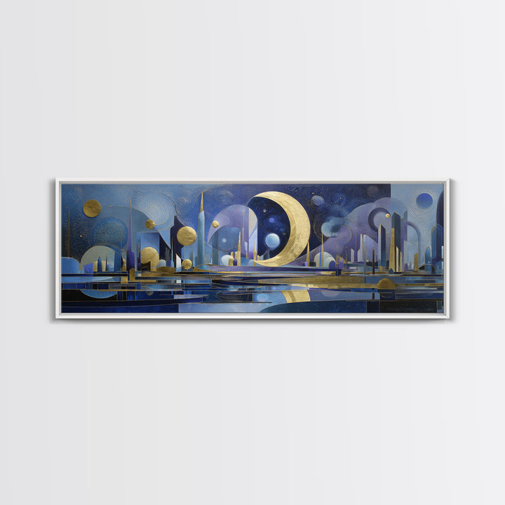 Night Skyline under Crescent Moon Canvas Print, Urban Art, Gallery Decor, Living Room Decor, Fine Art, Urban, Contemporary Art, URB-3x1-40