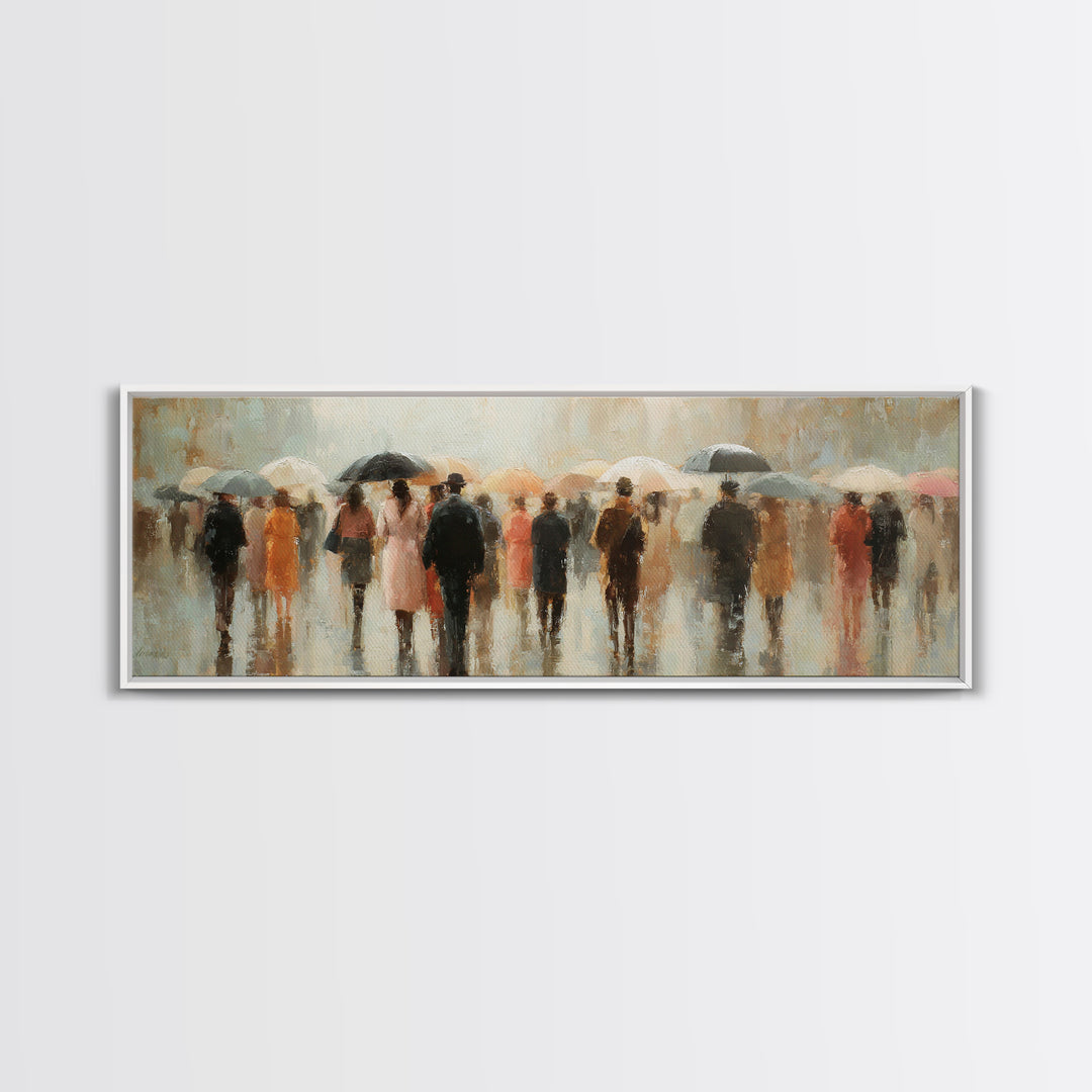 Rain Umbrella Figures Framed Canvas Print, Urban Art, Boho Decor, Living Room Decor, Fine Art, Urban, Digital Prints, URB-3x1-60