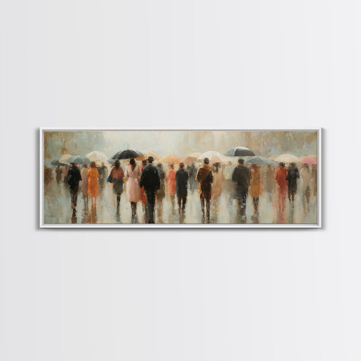 Rain Umbrella Figures Framed Canvas Print, Urban Art, Boho Decor, Living Room Decor, Fine Art, Urban, Digital Prints, URB-3x1-60