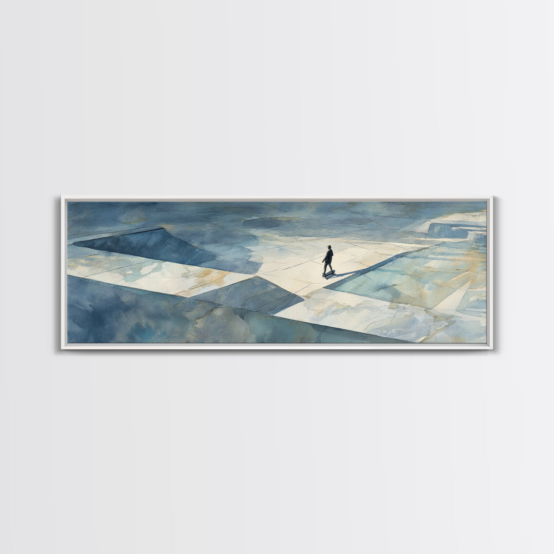 Skateboarder Crossing a Concrete Plaza Canvas Print, Urban Art, Original Art, Living Room Decor, Urban, Black Woman Art, URB-3x1-71
