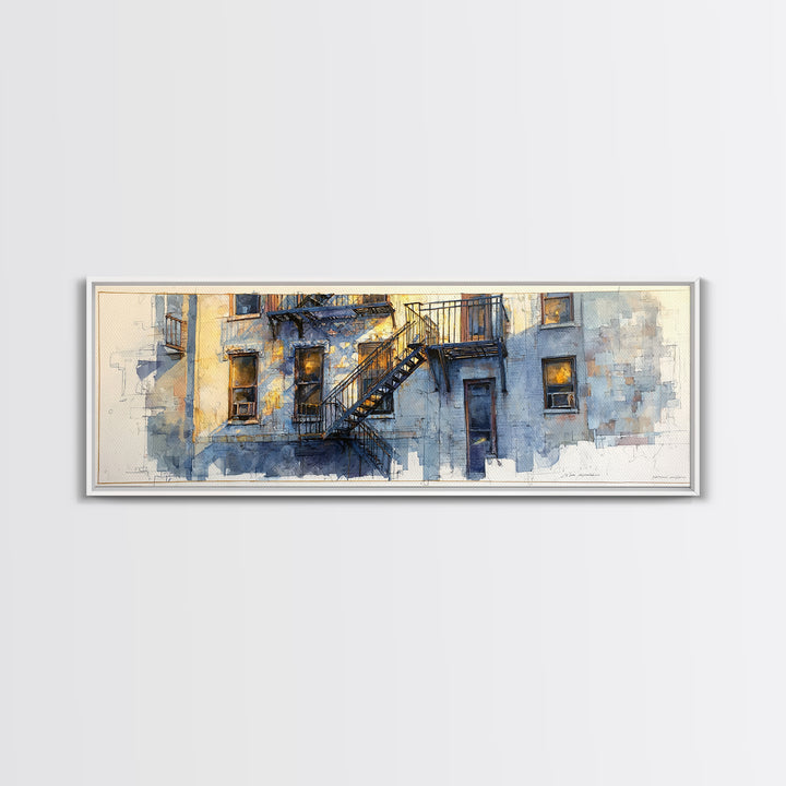 Fire Escape Silhouette Framed Canvas Print, Urban Art, Book Shelf Decor, Living Room Decor, Fine Art, Urban, Modern Decor, URB-3x1-90