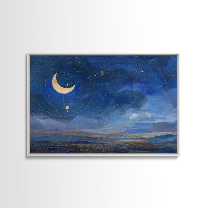 Night Skyline under Crescent Moon Framed Canvas Print, Urban Art, Fine Art Print, Living Room Decor, Abstract Art, Urban, URB-3x2-100