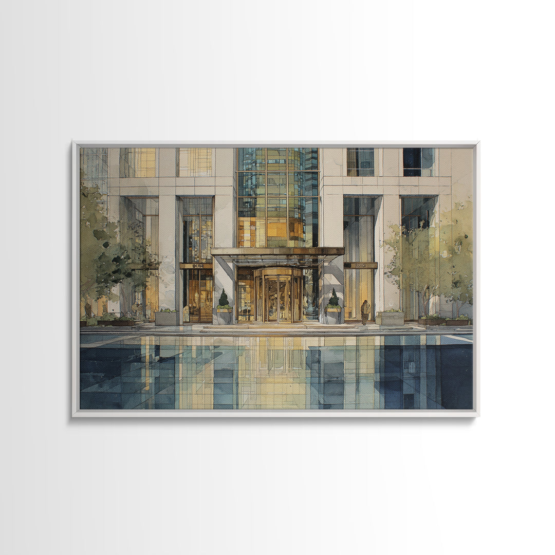 Modern Skyscraper Glass Reflections Framed Canvas Print, Urban Art, Art Deco, Living Room Decor, Urban, Book Shelf Decor, URB-3x2-18