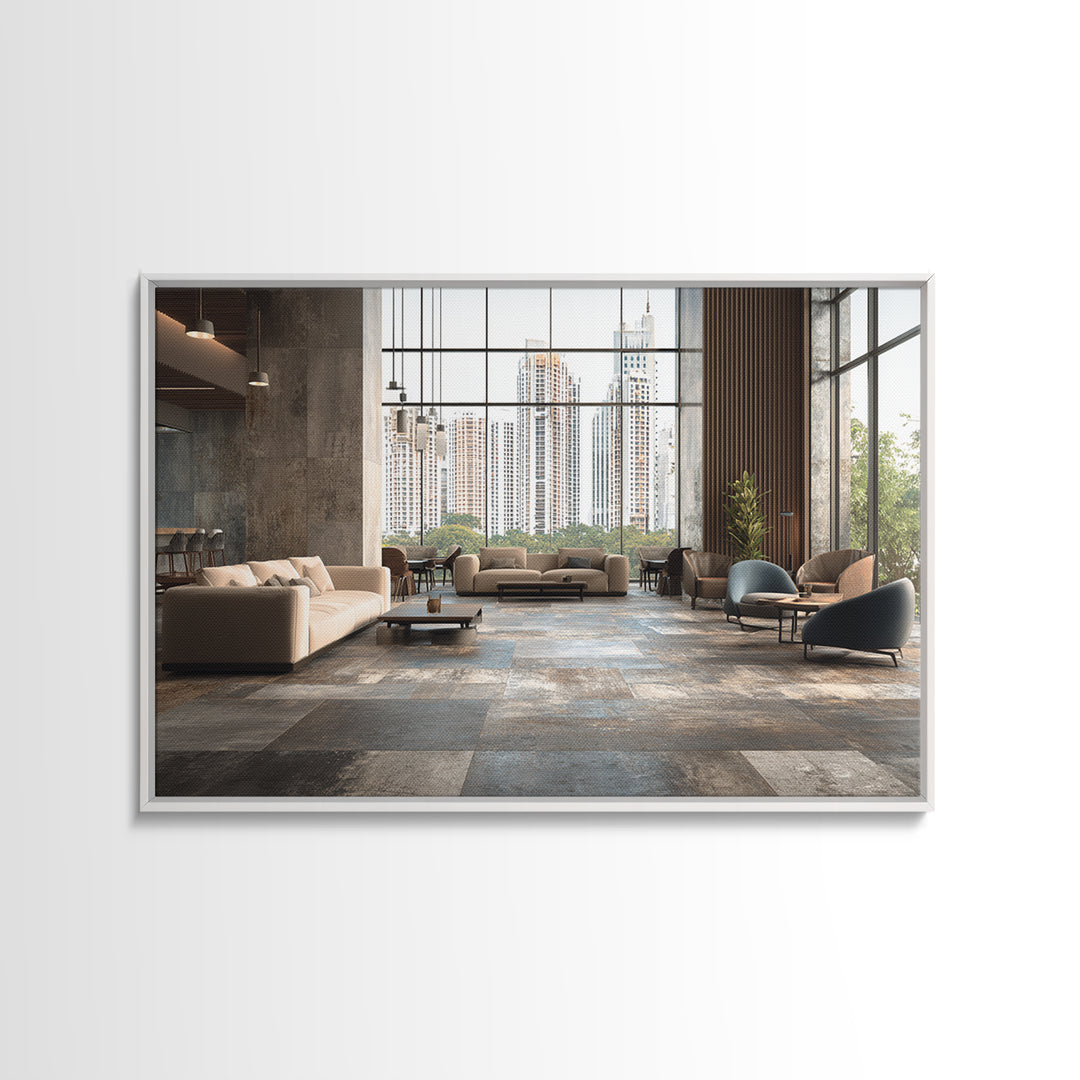 Moody City Skyline Reflected Framed Canvas Print, Urban Art, Black Art Prints, Living Room Decor, Urban, Neutral Decor, URB-3x2-5