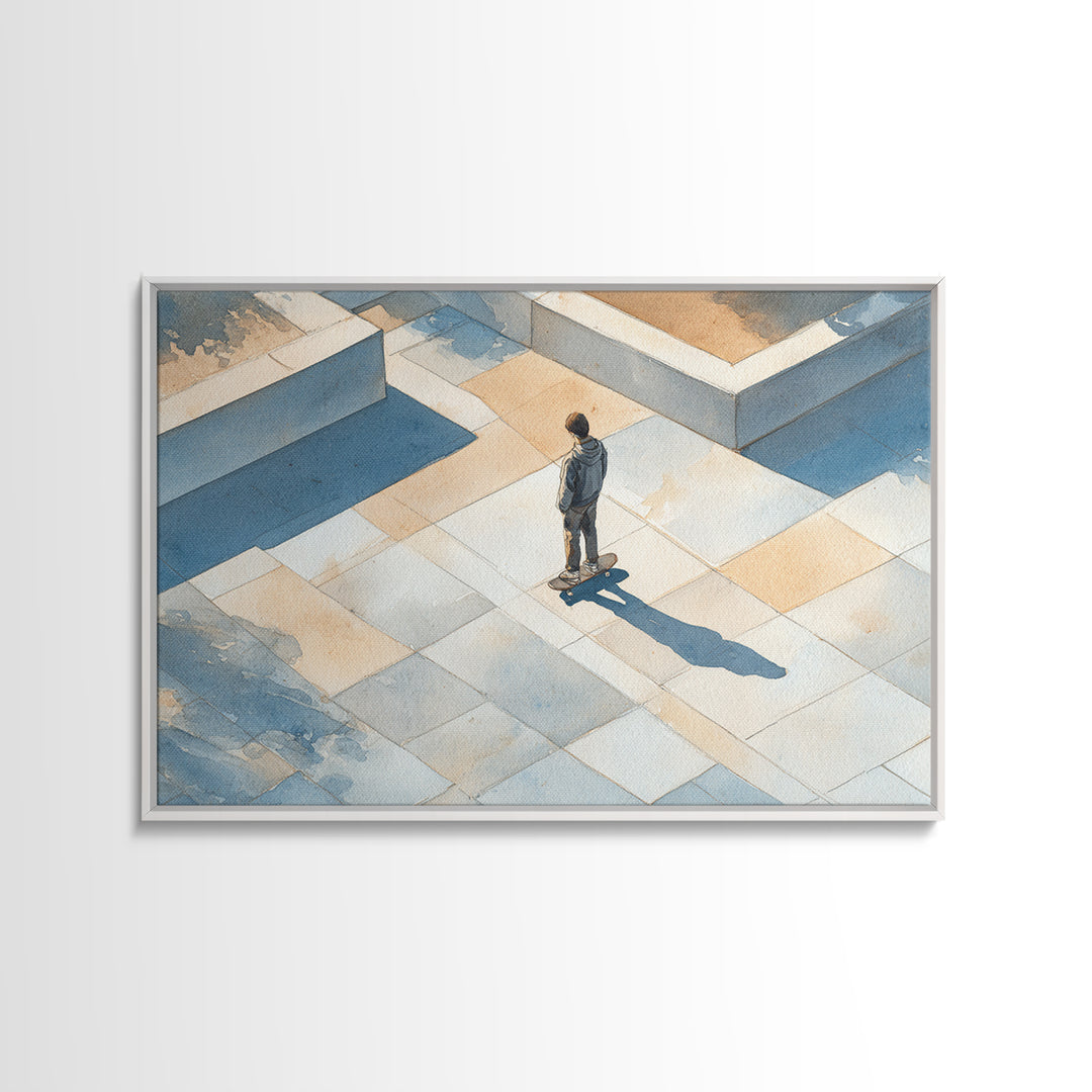 Skateboarder Crossing a Concrete Plaza Framed Canvas Print, Urban Art, Art Print, Living Room Decor, Oil Painting, Urban, URB-3x2-59