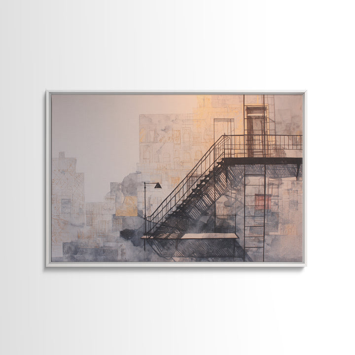 Fire Escape Silhouette Framed Canvas Print, Urban Art, Textured Wall Art, Living Room Decor, Urban, Digital Download Art, URB-3x2-6