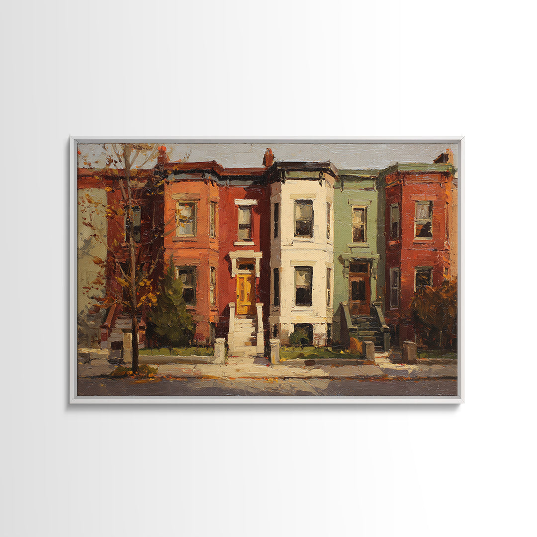 Brownstone Row in Soft Morning Light Framed Canvas Print, Urban Art, Gallery Decor, Living Room Decor, Abstract Art, Urban, URB-3x2-64
