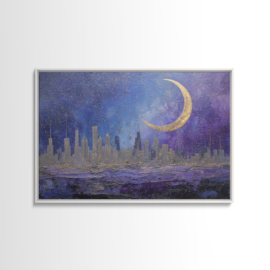 Night Skyline under Crescent Moon Canvas Print, Urban Art, Basketball Wall Art, Living Room Decor, Abstract Art, Urban, URB-3x2-76