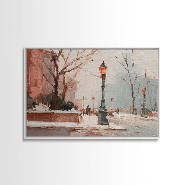 Streetlamp and Falling Snow Canvas Print, Urban Art, Basketball Wall Art, Living Room Decor, Oil Painting, Urban, URB-3x2-89