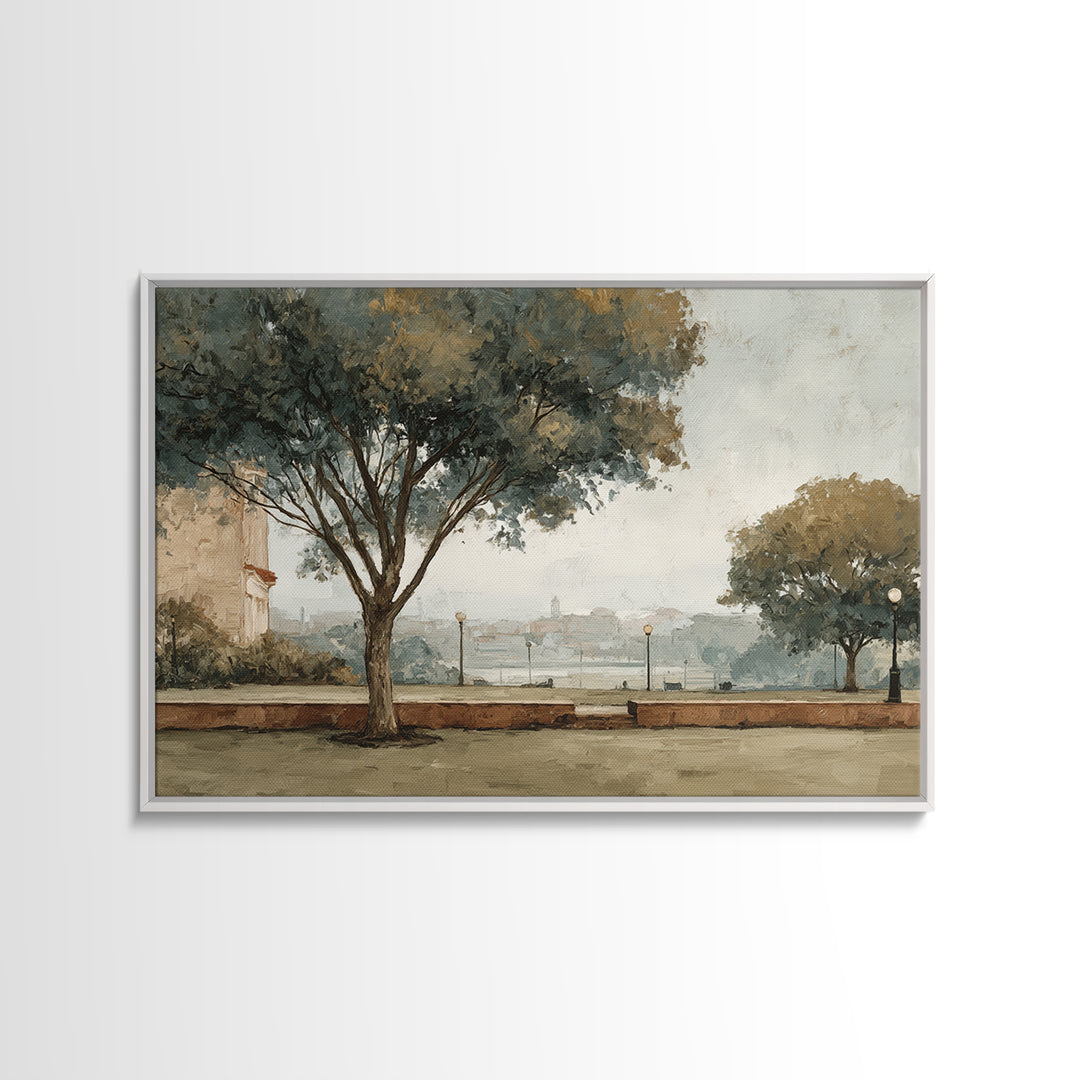 City Park Tree Framed by Buildings Canvas Print, Urban Art, Book Shelf Decor, Living Room Decor, Abstract Art, Urban, URB-3x2-94
