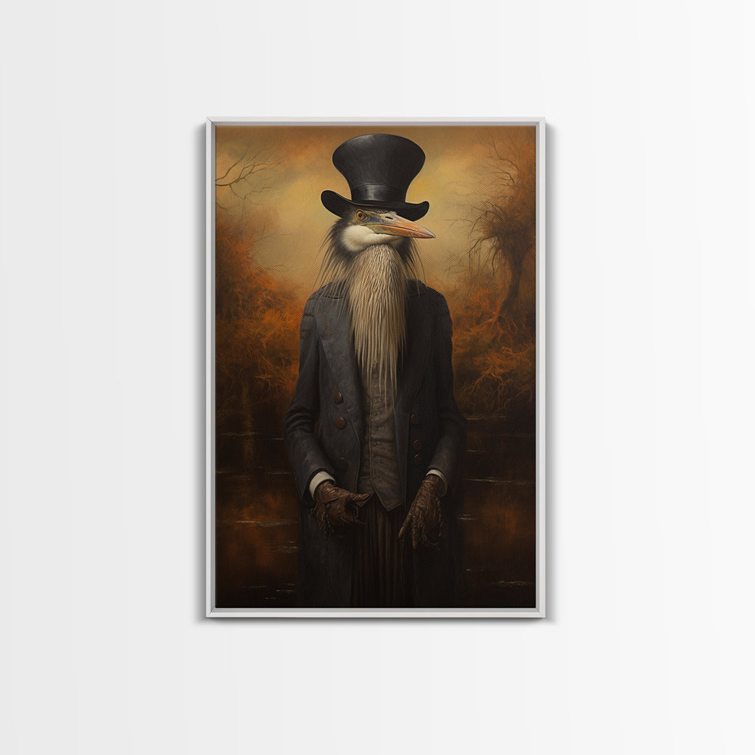 Heron Naturalist, Victorian Animal Portrait, Halloween Art, Gothic Whimsy Decor, Anthropomorphic Costume Art