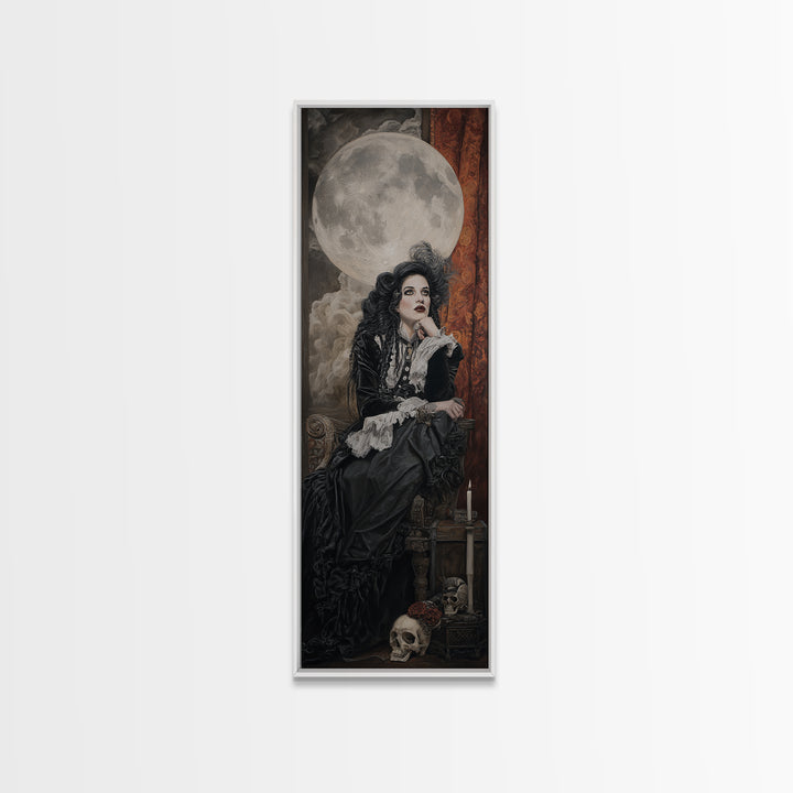 The Moonlit Witch, Dark Academia Wall Art, Tall Narrow Wall Art, Canvas Print, Gothic Wall Decor, Halloween Portrait Art