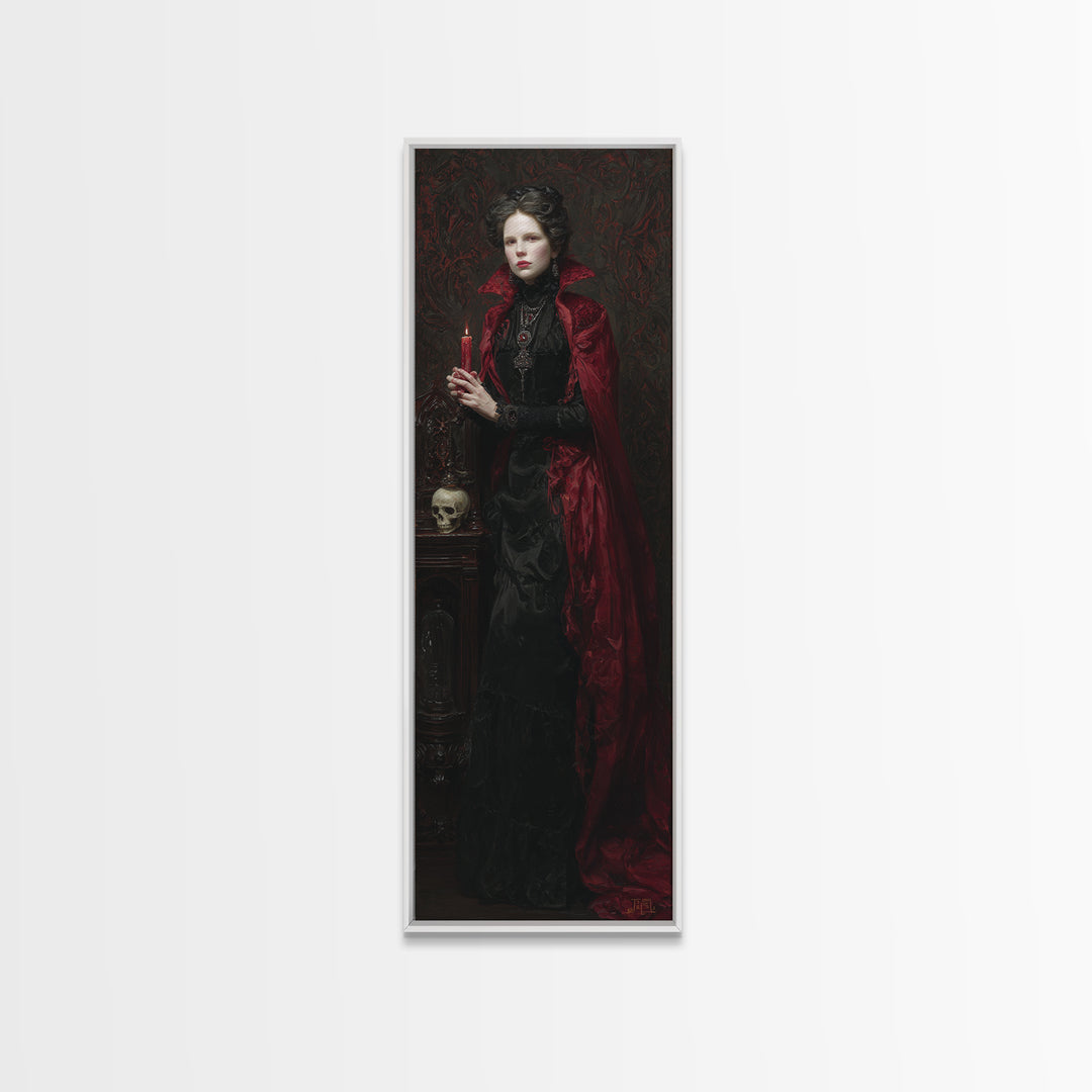 The Crimson Vampire, Antique Gothic Portrait, Tall Narrow Wall Art, Canvas Print, Gothic Wall Decor, Halloween Portrait Art