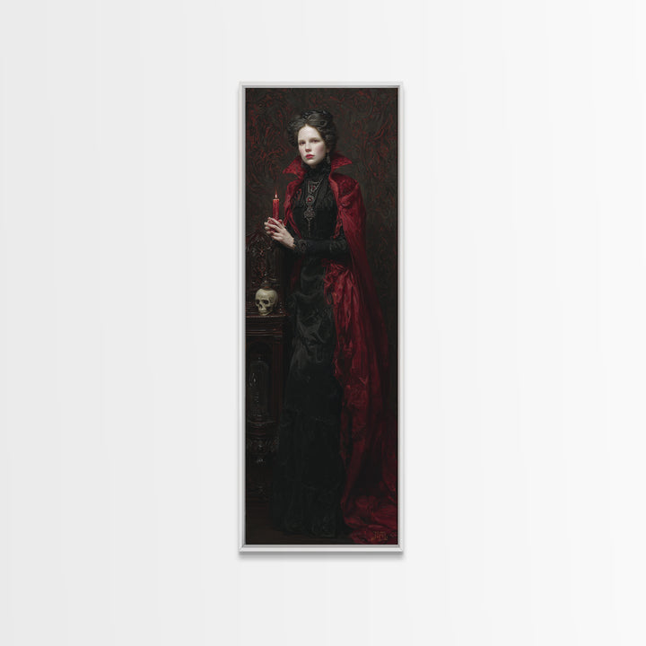 The Crimson Vampire, Antique Gothic Portrait, Tall Narrow Wall Art, Canvas Print, Gothic Wall Decor, Halloween Portrait Art