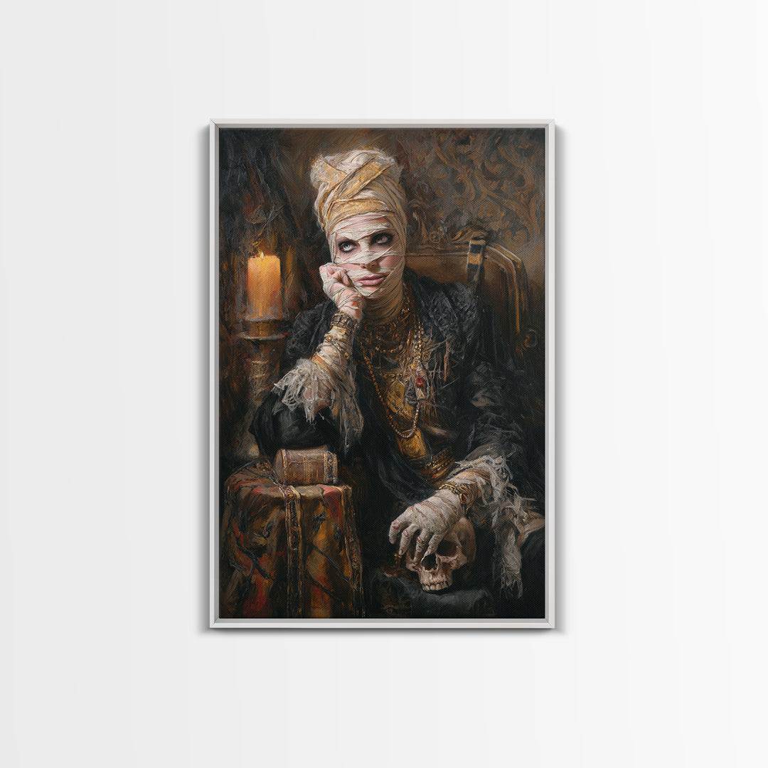 The Mummy Pharaoh, Antique Gothic Portrait, Vertical Wall Art, Framed Canvas Print, Gothic Wall Decor, Halloween Portrait Art