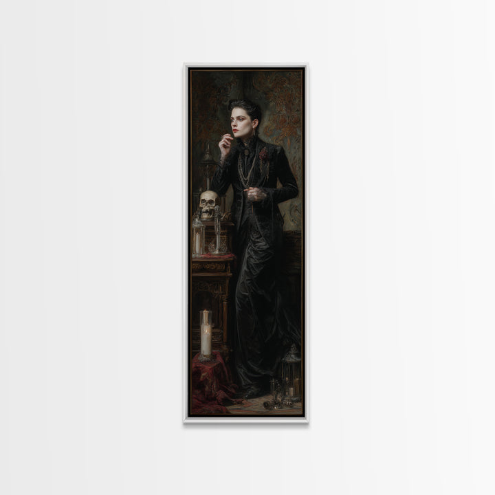 The Graveyard Ghost, Dark Academia Wall Art, Tall Narrow Wall Art, Framed Canvas Print, Gothic Wall Decor, Halloween Portrait Art