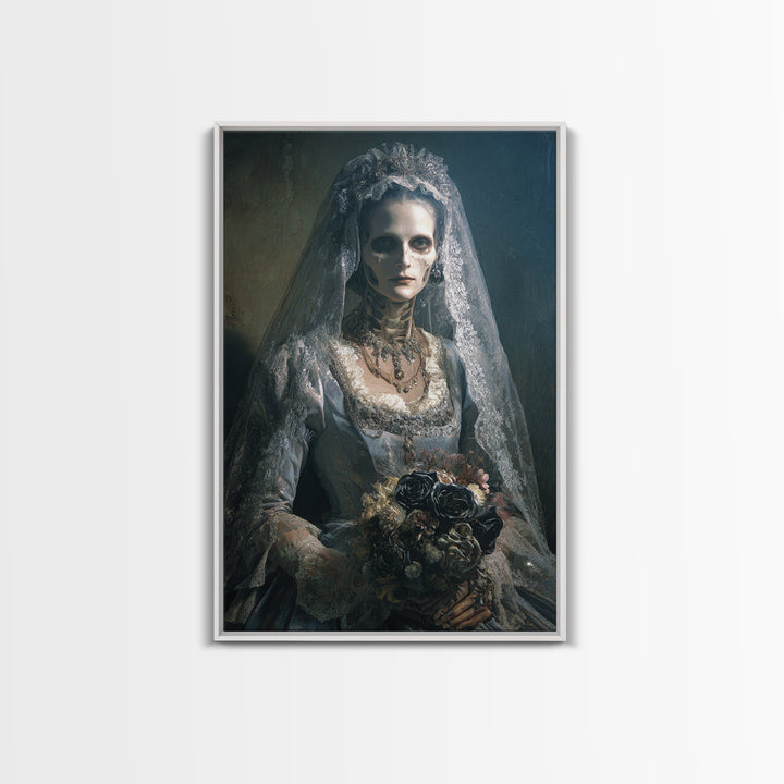 The Skeletal Bride, Dark Academia Wall Art, Vertical Wall Art, Framed Canvas Print, Gothic Wall Decor, Halloween Portrait Art