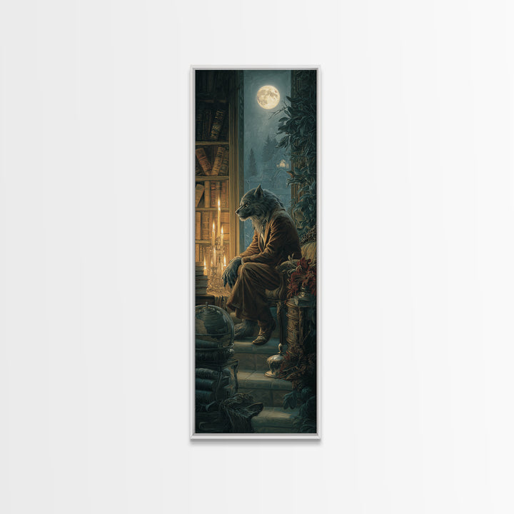 The Moon-Cursed Werewolf, Dark Academia Wall Art, Tall Narrow Wall Art, Framed Canvas Print, Gothic Wall Decor, Halloween Portrait Art