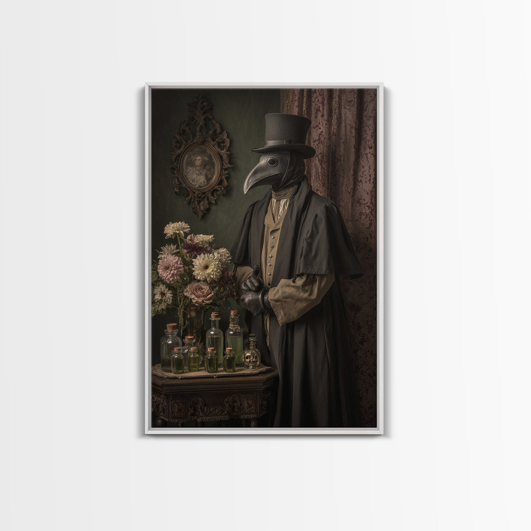 The Plague Doctor, Macabre Victorian Decor, Vertical Wall Art, Framed Canvas Print, Gothic Wall Decor, Halloween Portrait Art
