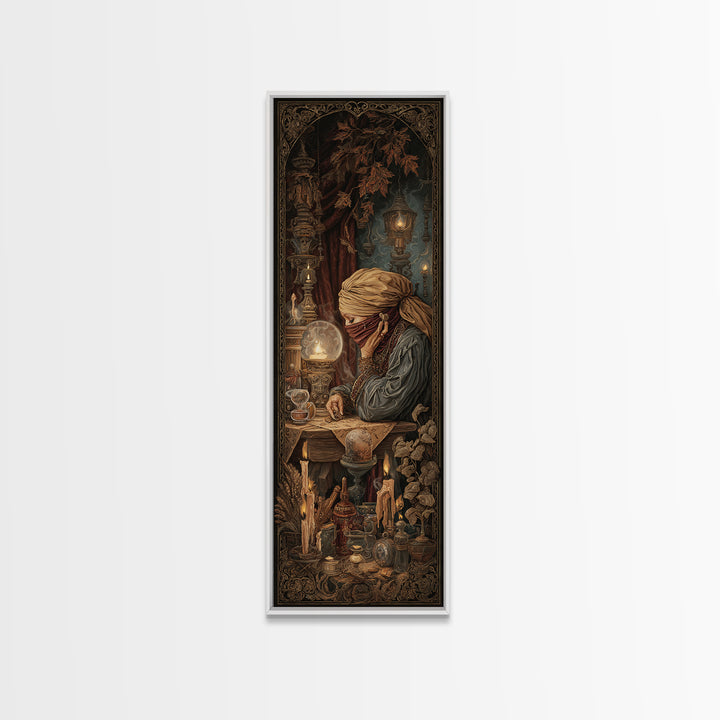 The Midnight Fortune Teller, Victorian Gothic Art, Tall Narrow Wall Art, Framed Canvas Print, Gothic Wall Decor, Halloween Portrait Art