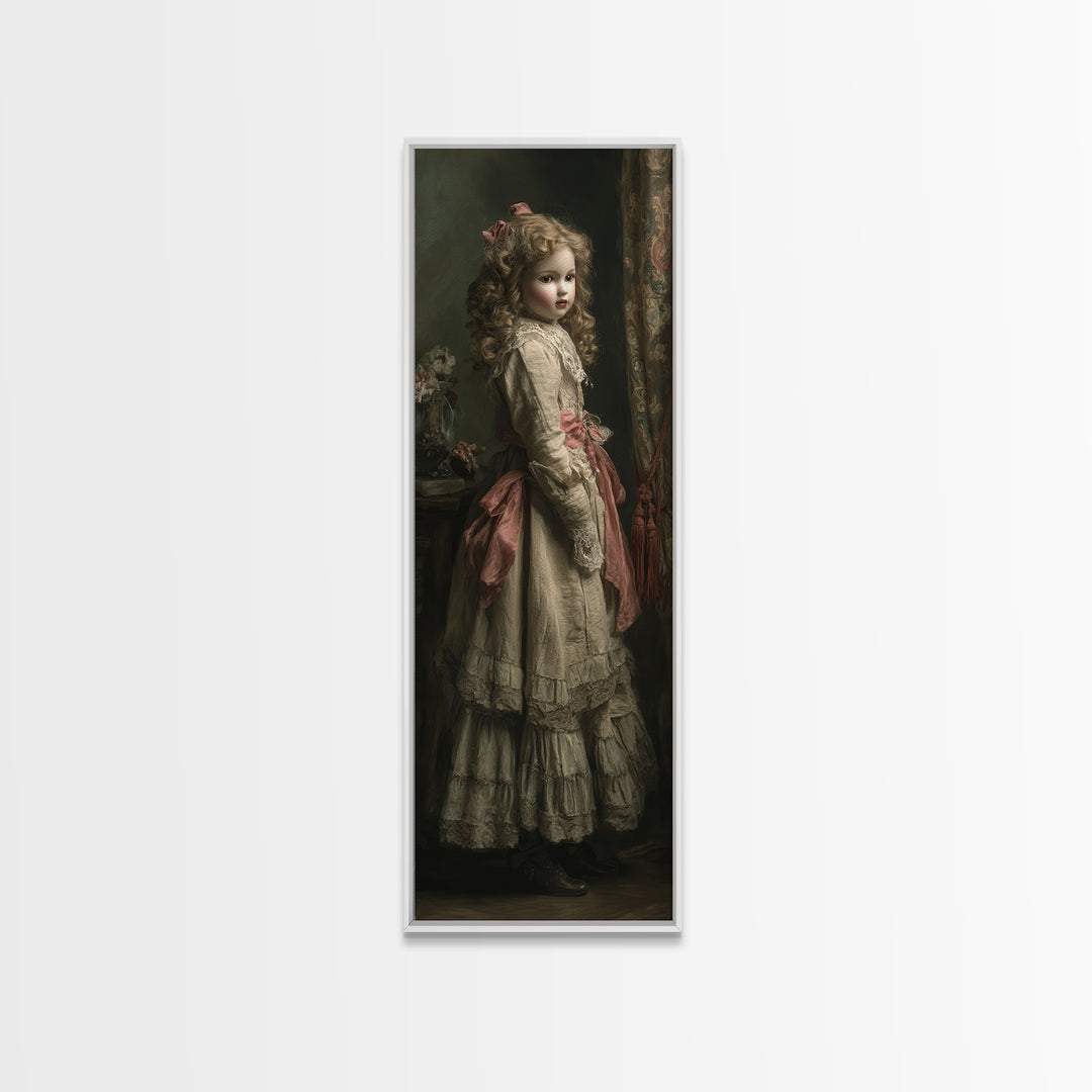 The Haunted Porcelain Doll, Antique Gothic Portrait, Tall Narrow Wall Art, Framed Canvas Print, Gothic Wall Decor, Halloween Portrait Art