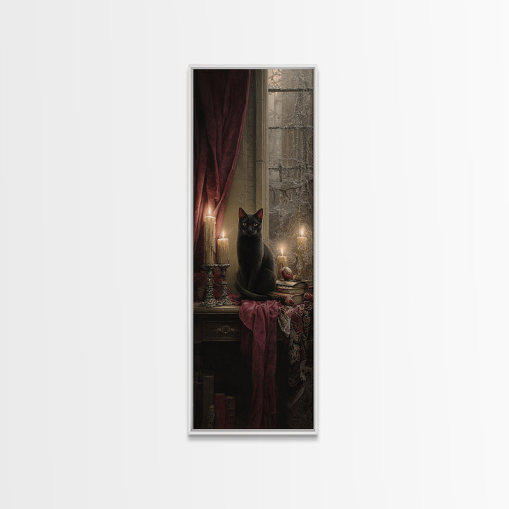 The Black Cat Familiar, Macabre Victorian Decor, Tall Narrow Wall Art, Canvas Print, Gothic Wall Decor, Halloween Portrait Art