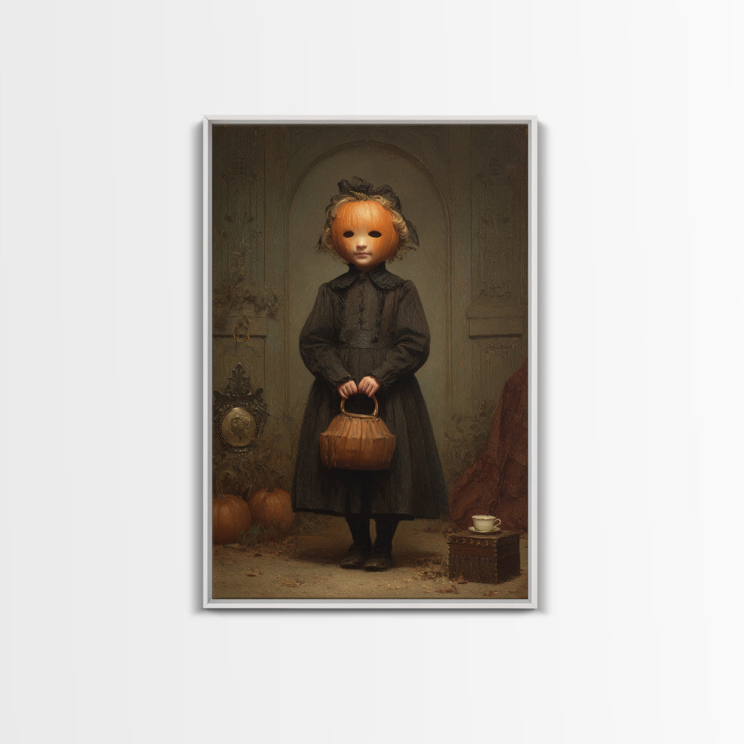 The Pumpkin-Headed Child, Dark Academia Wall Art, Vertical Wall Art, Canvas Print, Gothic Wall Decor, Halloween Portrait Art