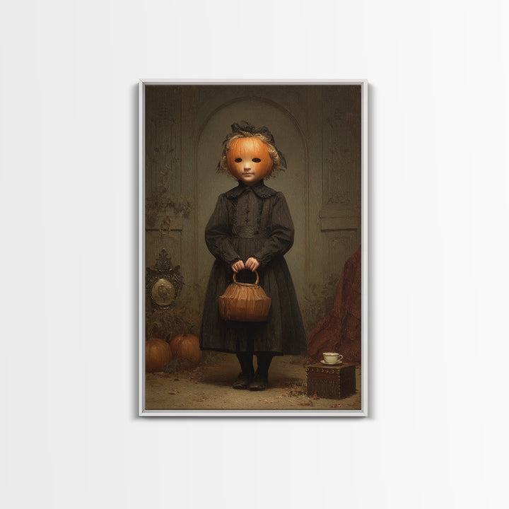 The Pumpkin-Headed Child, Dark Academia Wall Art, Vertical Wall Art, Canvas Print, Gothic Wall Decor, Halloween Portrait Art