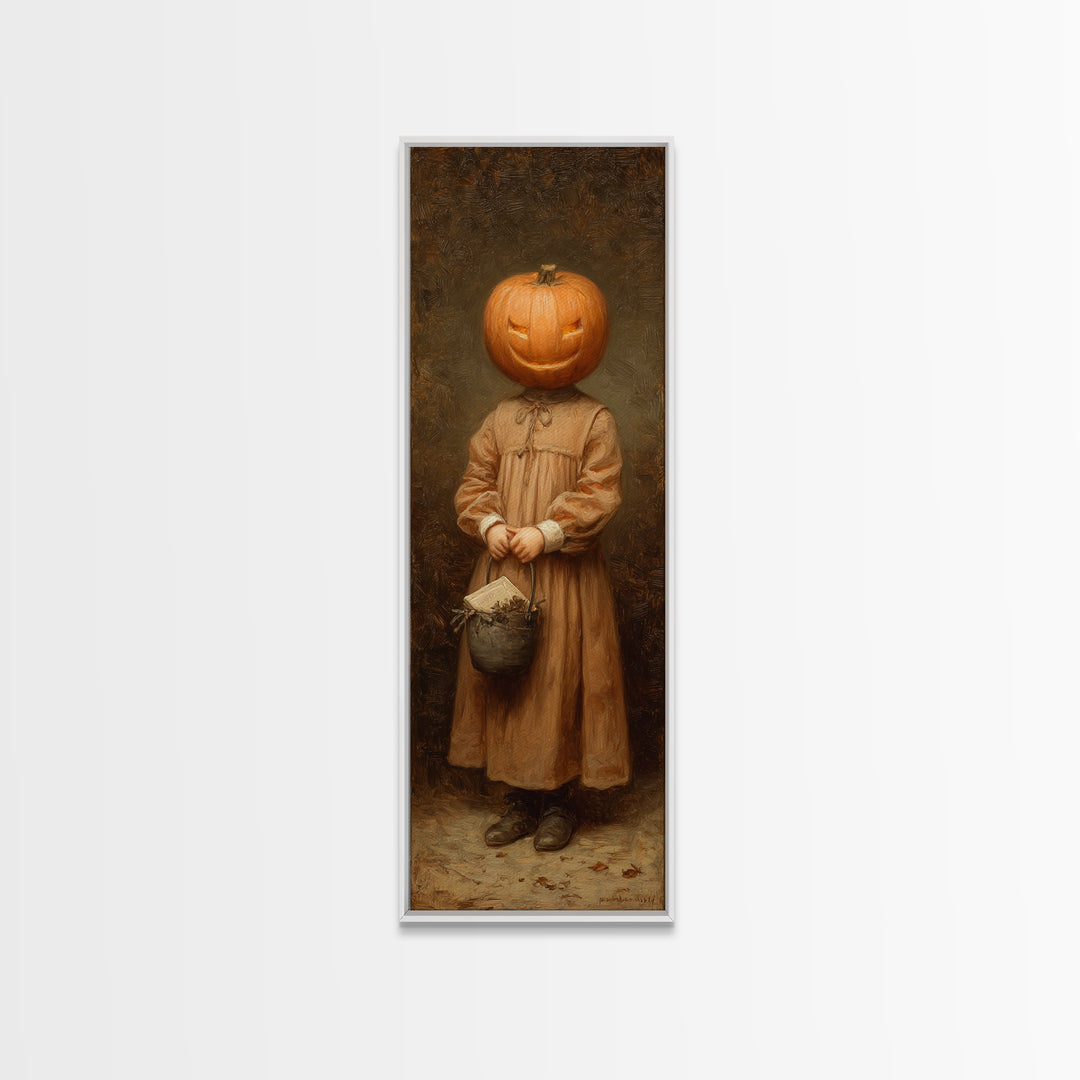 The Pumpkin-Headed Child, Victorian Gothic Art, Tall Narrow Wall Art, Framed Canvas Print, Gothic Wall Decor, Halloween Portrait Art