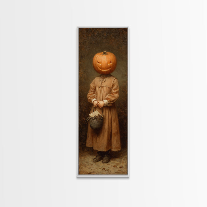 The Pumpkin-Headed Child, Victorian Gothic Art, Tall Narrow Wall Art, Framed Canvas Print, Gothic Wall Decor, Halloween Portrait Art