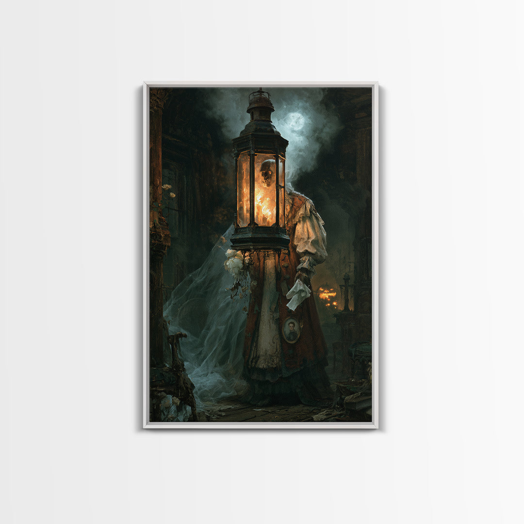 The Lantern Specter, Victorian Horror Portrait, Vertical Wall Art, Canvas Print, Gothic Wall Decor, Halloween Portrait Art, Dark Fantasy Art
