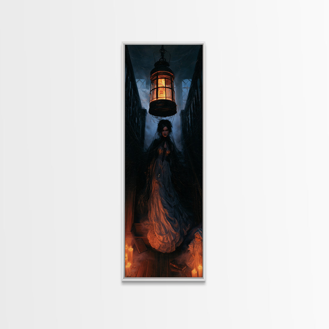 The Lantern Specter, Dark Academia Wall Art, Tall Narrow Wall Art, Framed Canvas Print, Gothic Wall Decor, Halloween Portrait Art