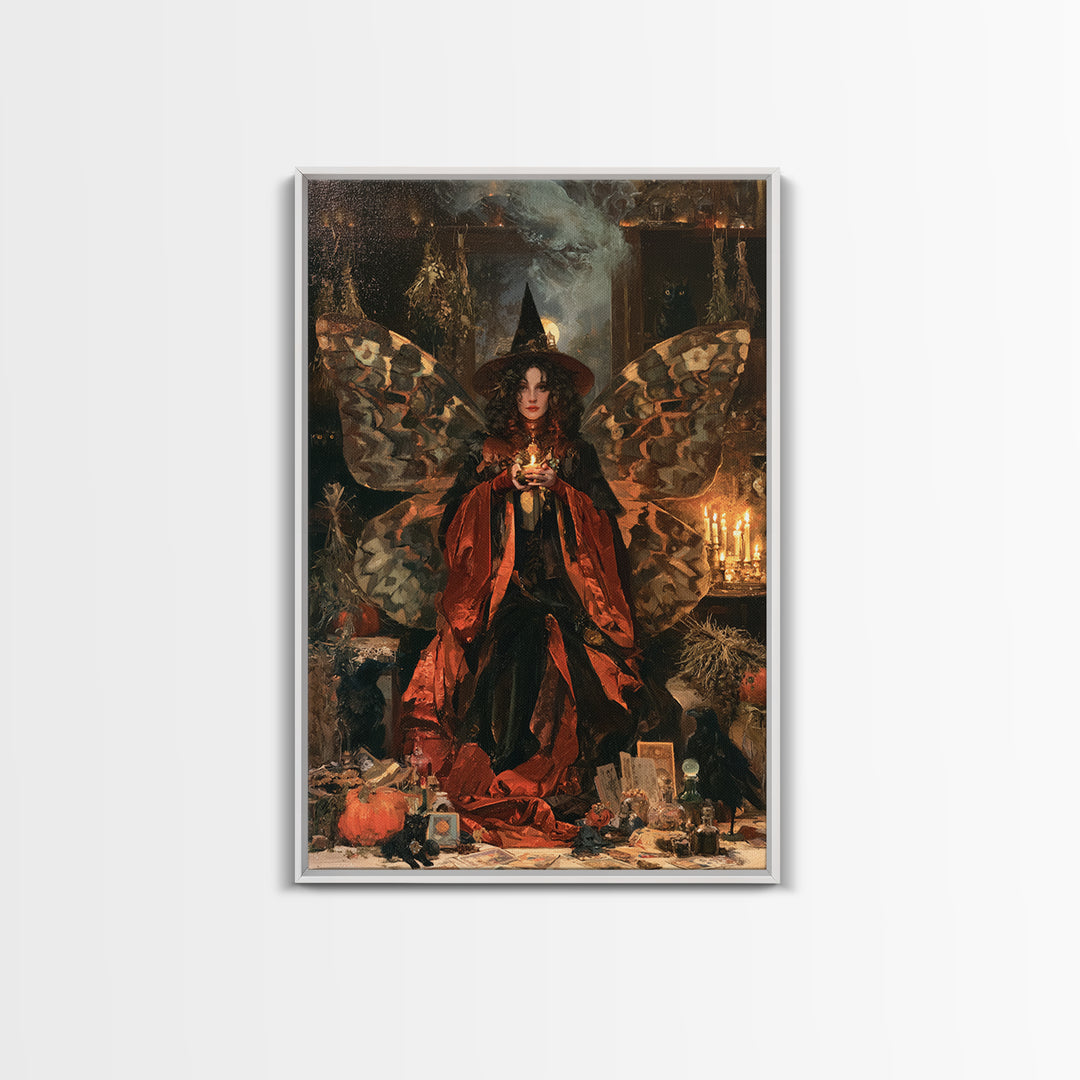 The Velvet Moth Witch, Macabre Victorian Decor, Vertical Wall Art, Framed Canvas Print, Gothic Wall Decor, Halloween Portrait Art