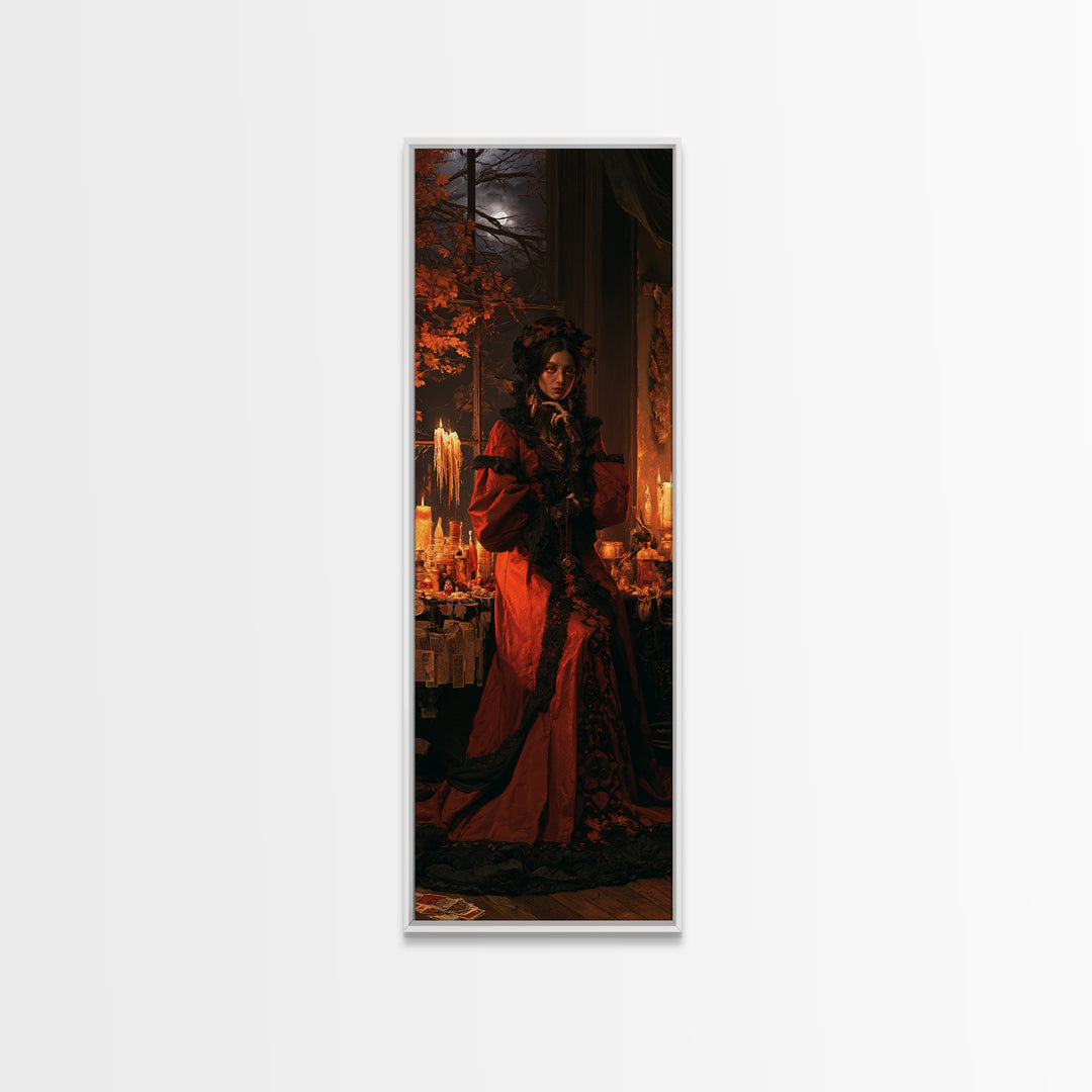 The Velvet Moth Witch, Victorian Horror Portrait, Tall Narrow Wall Art, Canvas Print, Gothic Wall Decor, Halloween Portrait Art