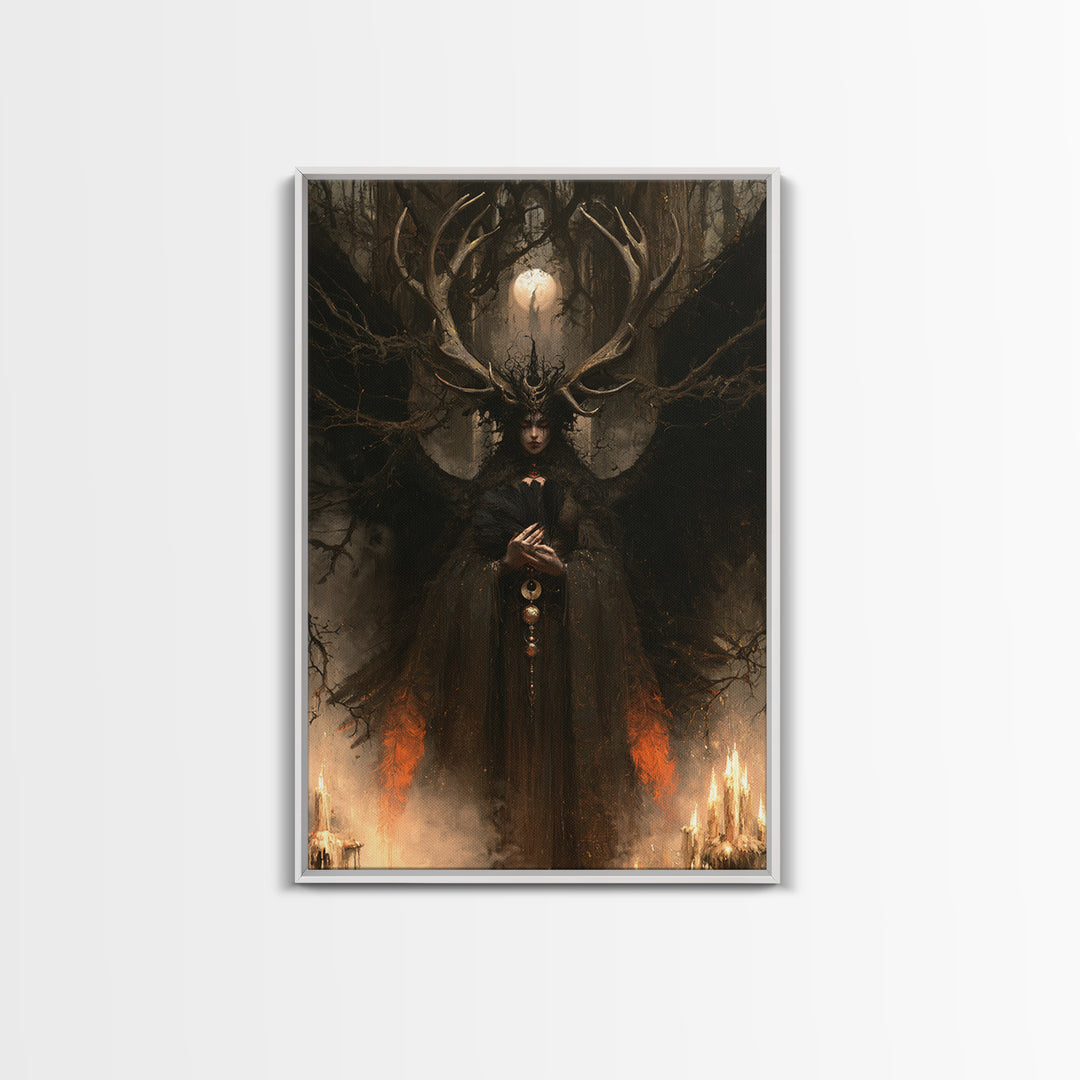 The Antlered Forest Spirit, Macabre Victorian Decor, Vertical Wall Art, Framed Canvas Print, Gothic Wall Decor, Halloween Portrait Art