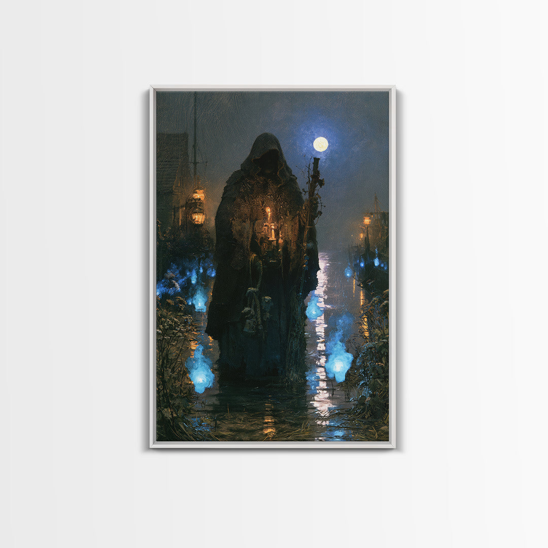 The Will-O'-The-Wisp Shepherd, Victorian Horror Portrait, Vertical Wall Art, Framed Canvas Print, Gothic Wall Decor, Halloween Portrait Art