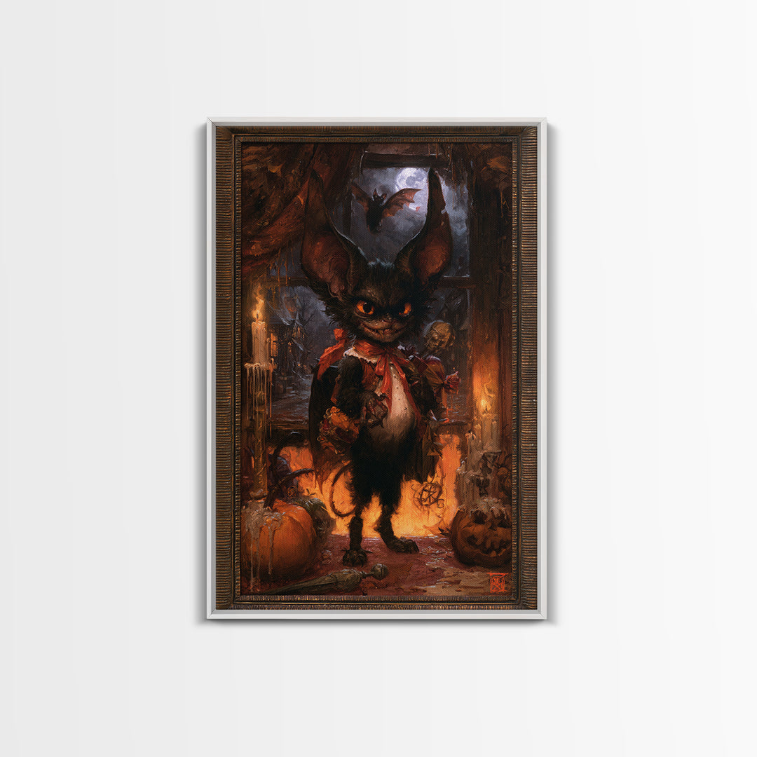 The Bat-Winged Imp, Dark Academia Wall Art, Vertical Wall Art, Framed Canvas Print, Gothic Wall Decor, Halloween Portrait Art