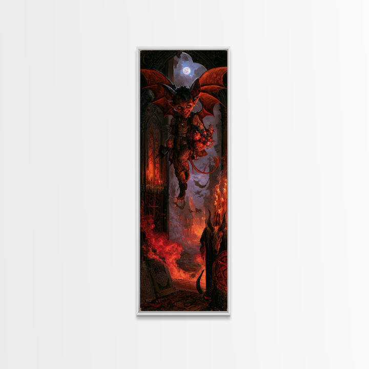 The Bat-Winged Imp, Macabre Victorian Decor, Tall Narrow Wall Art, Canvas Print, Gothic Wall Decor, Halloween Portrait Art