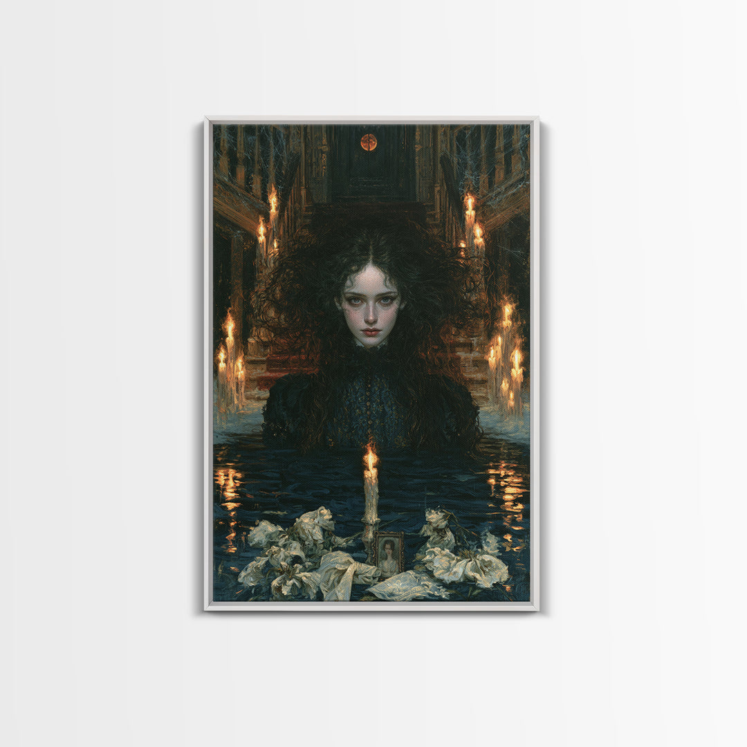 The Lake Phantom, Antique Gothic Portrait, Vertical Wall Art, Framed Canvas Print, Gothic Wall Decor, Halloween Portrait Art