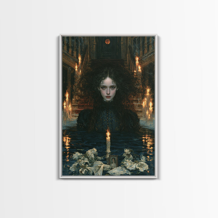 The Lake Phantom, Antique Gothic Portrait, Vertical Wall Art, Framed Canvas Print, Gothic Wall Decor, Halloween Portrait Art