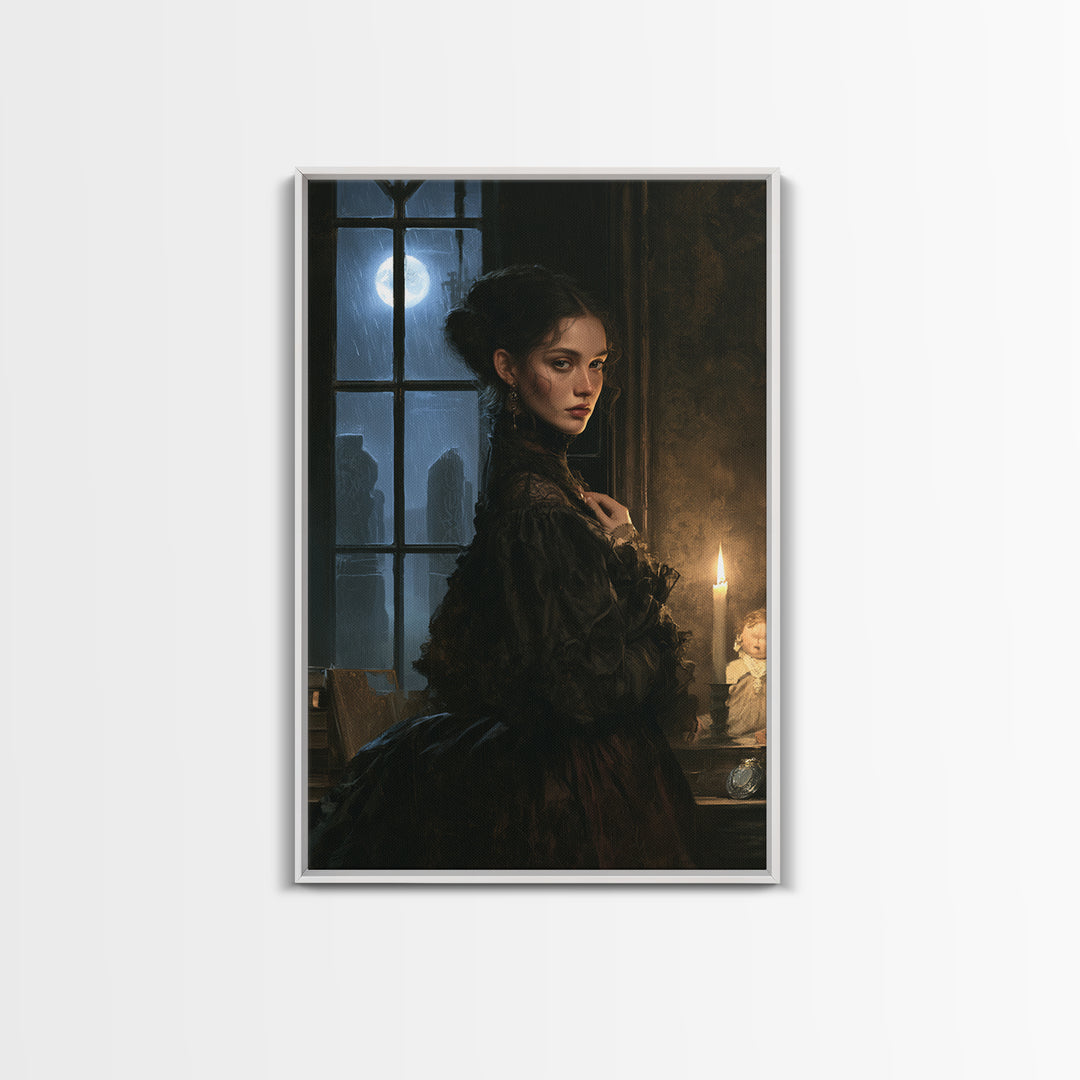 The Stone-Circle Spirit, Antique Gothic Portrait, Vertical Wall Art, Framed Canvas Print, Gothic Wall Decor, Halloween Portrait Art