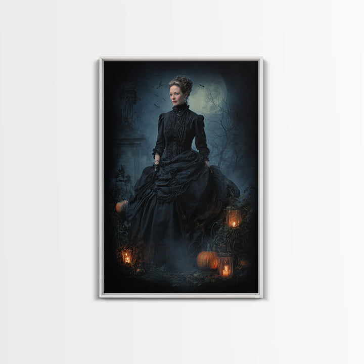 The Moonlit Cemetery, Victorian Gothic Art, Vertical Wall Art, Framed Canvas Print, Gothic Wall Decor, Halloween Portrait Art