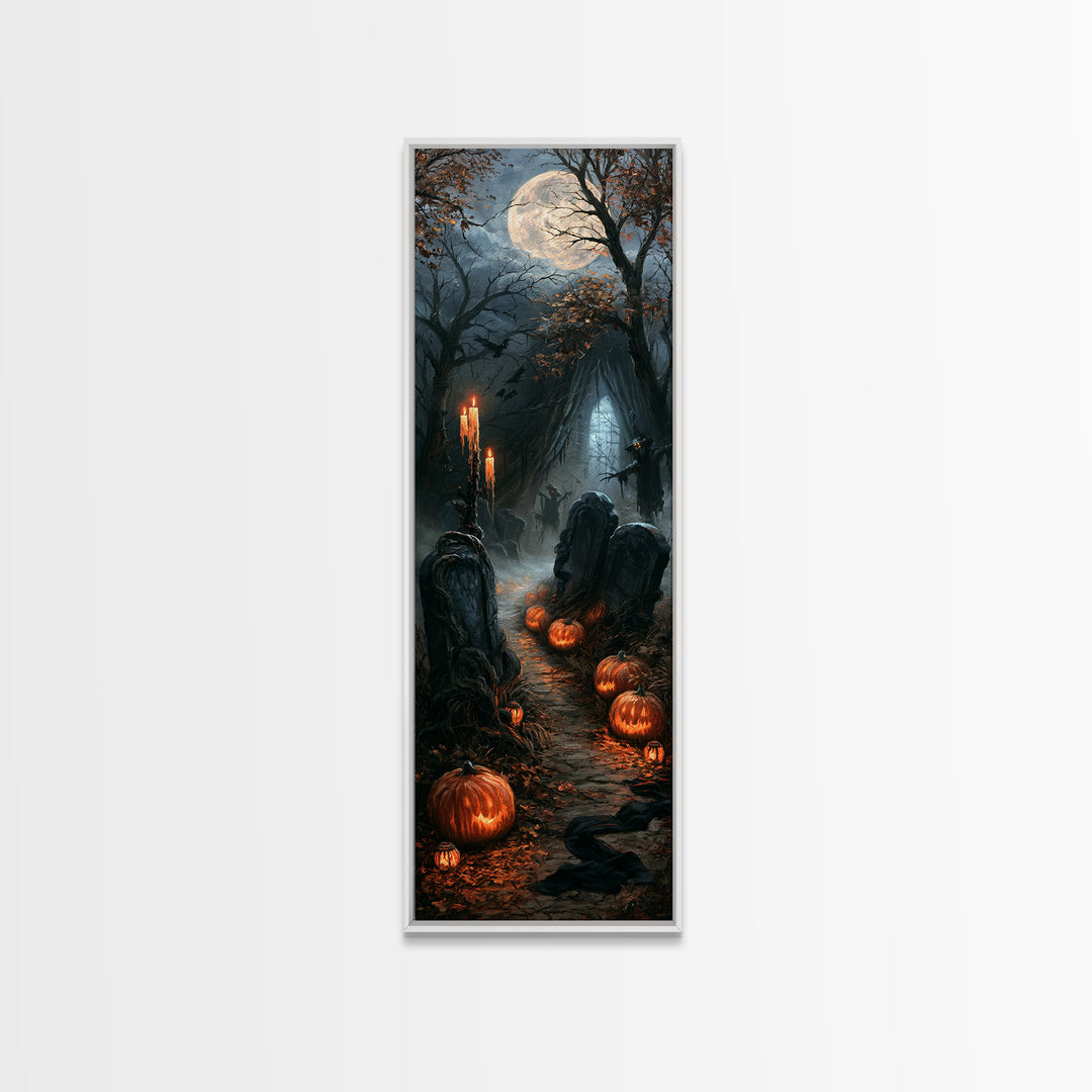 The Moonlit Cemetery, Victorian Gothic Art, Tall Narrow Wall Art, Canvas Print, Gothic Wall Decor, Halloween Portrait Art, Gothic Home Decor