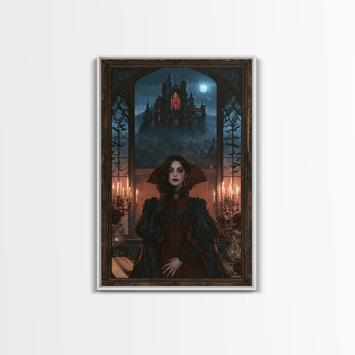 The Vampire Castle, Victorian Horror Portrait, Vertical Wall Art, Framed Canvas Print, Gothic Wall Decor, Halloween Portrait Art
