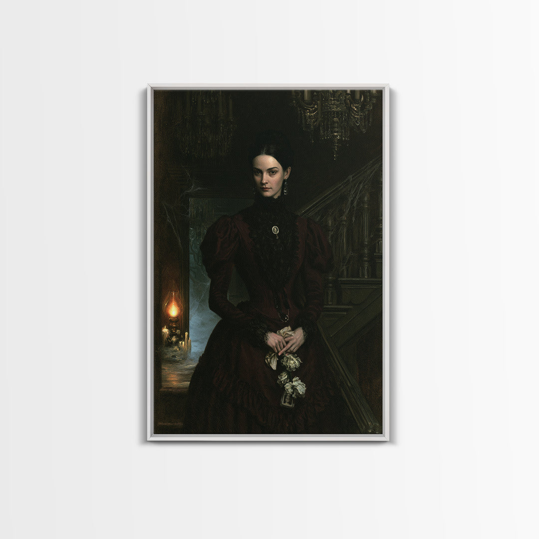 The Haunted Hotel, Antique Gothic Portrait, Vertical Wall Art, Framed Canvas Print, Gothic Wall Decor, Halloween Portrait Art