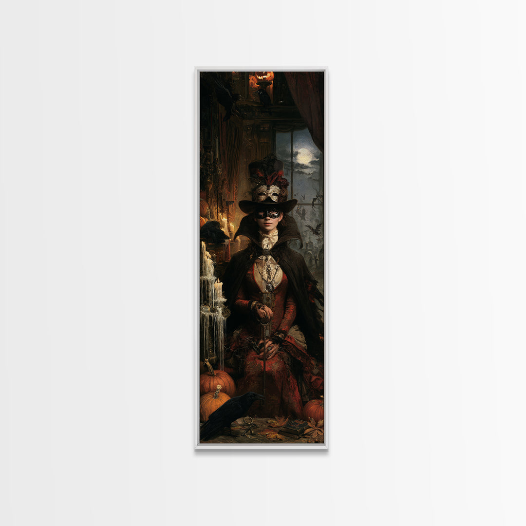 The Midnight Masquerade, Antique Gothic Portrait, Tall Narrow Wall Art, Canvas Print, Gothic Wall Decor, Halloween Portrait Art